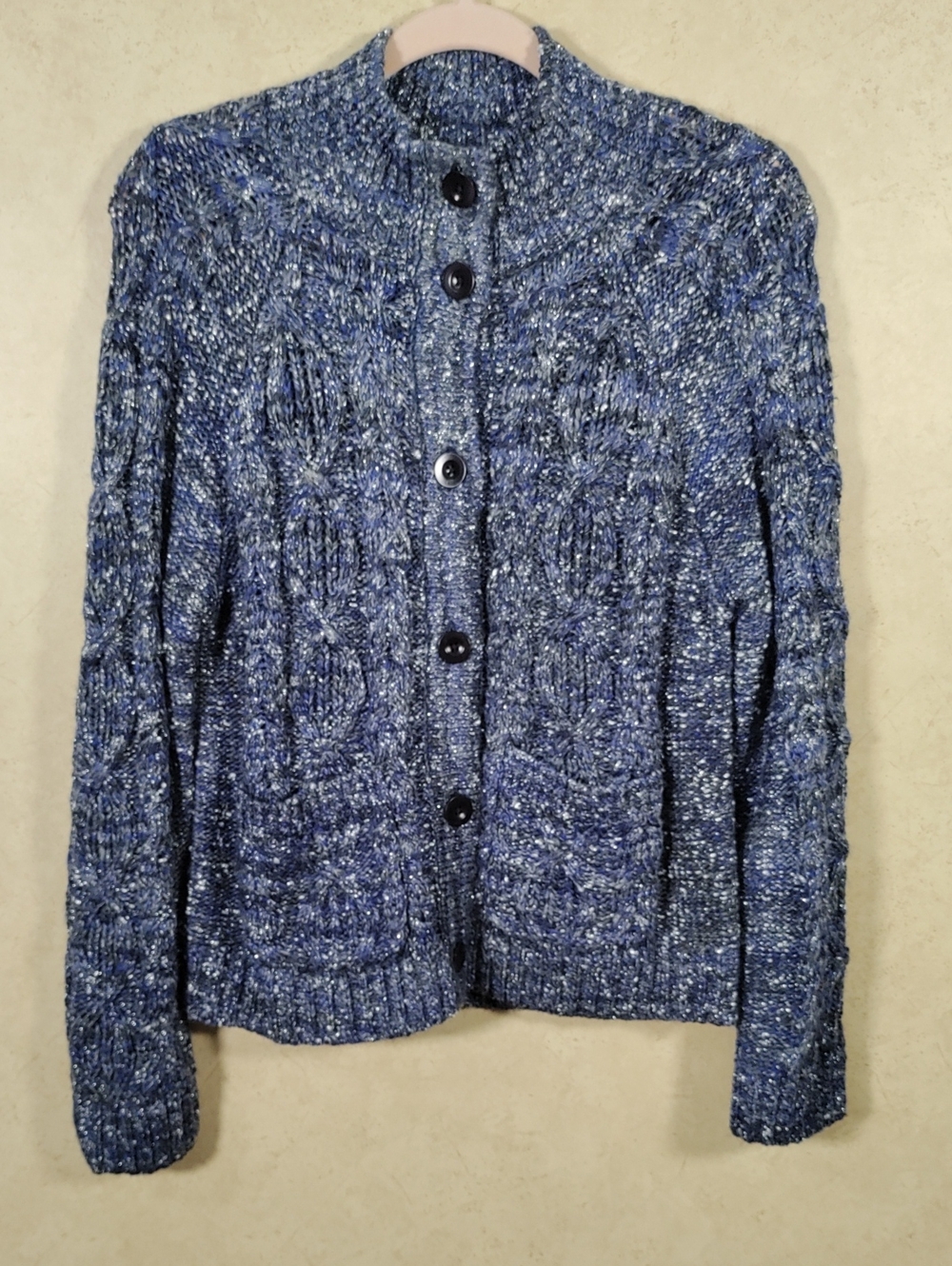J137 Talbots Marbled Blue Cable-Knit Button Front Cardigan M